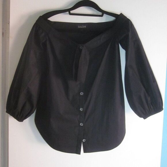 Saloni Size 4 Black Cotton Off Shoulder Button Front Womens 3/4 Sleeve Blouse - Picture 1 of 12